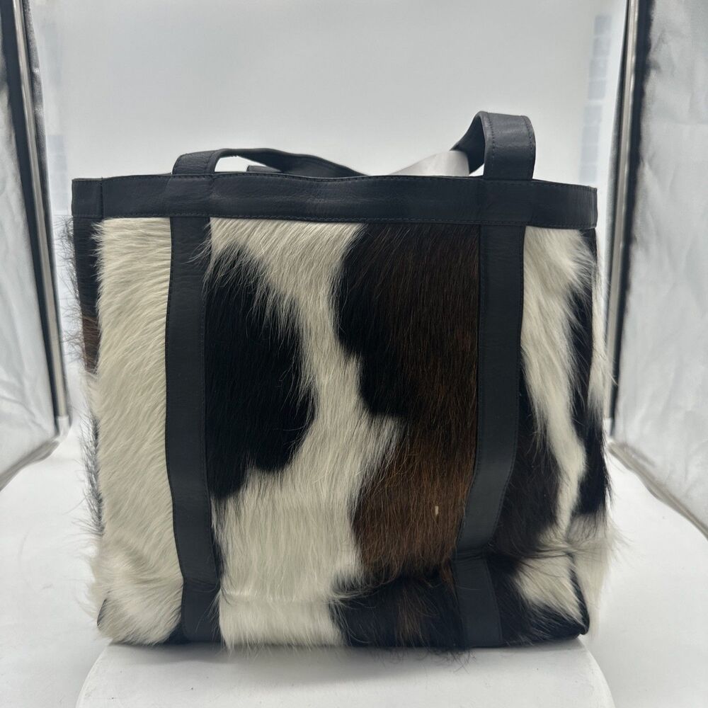 Black White Hair-on-Hide Leather Western Tote Bag Handbag Shoulder Purse Women's